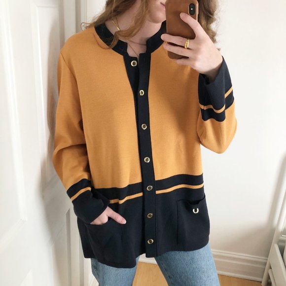 Vintage Oversized Preppy Knit Marigold Yellow Cardigan Sweater - Made in Germany - Picture 1 of 7